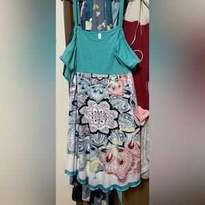 Teal and Rainbow 🌈 Flower Off Shoulder Printed Midi Dress